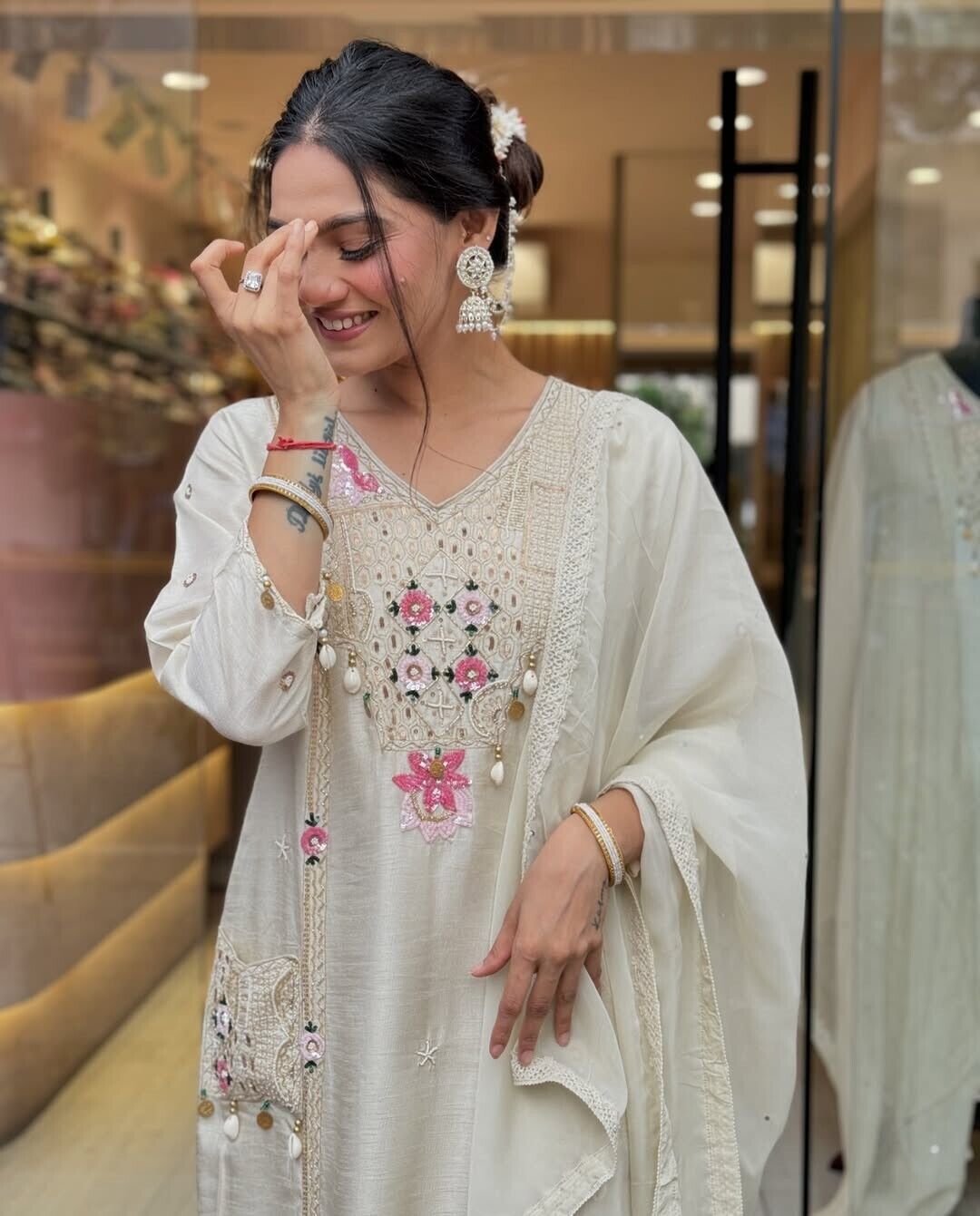 white floral kurti,white embroidery kurti,embroidered white kurta,white kurti set,rayon kurti with pant,white kurti with dupatta,sequence work kurti,white ethnic wear,floral embroidery kurta,party wear white kurti,designer white suit set,white kurta for women,white festival outfit,rayon embroidered kurti,white kurti with kodi work,elegant white outfit,front embroidery kurta,stylish white kurti,lace dupatta set,white kurti with chinnon dupatta,white kurti with pocket,three piece white suit,kodi work kurti se