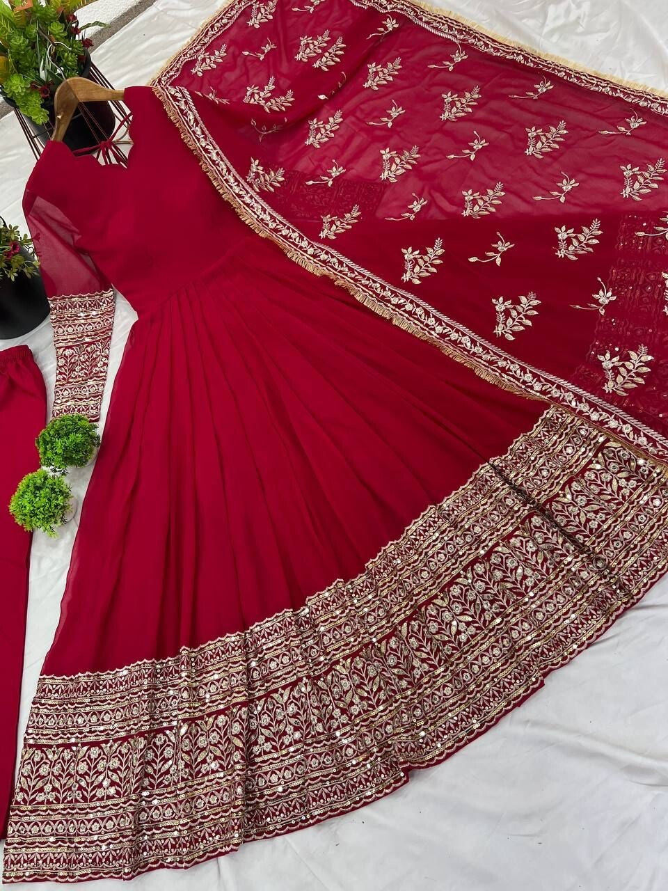 Red Anarkali Gown Set, Chinon Silk Dupatta Dress, Bollywood Style Wedding Gown, Indian Wedding Gown Set, Pakistani Eid Outfit for Women, Embroidered Gown with Pants, Ready to Wear Ethnic Dress, Anarkali Gown with Sequence Work, 3 Piece Wedding Dress Set, Heavy Micro Cotton Inner Gown, Scoop Neck Anarkali Suit, Stylish Party Wear Gown Set, Traditional Indian Outfit for Women, Festive Wear Ethnic Gown, Full Stitched Gown Set,
