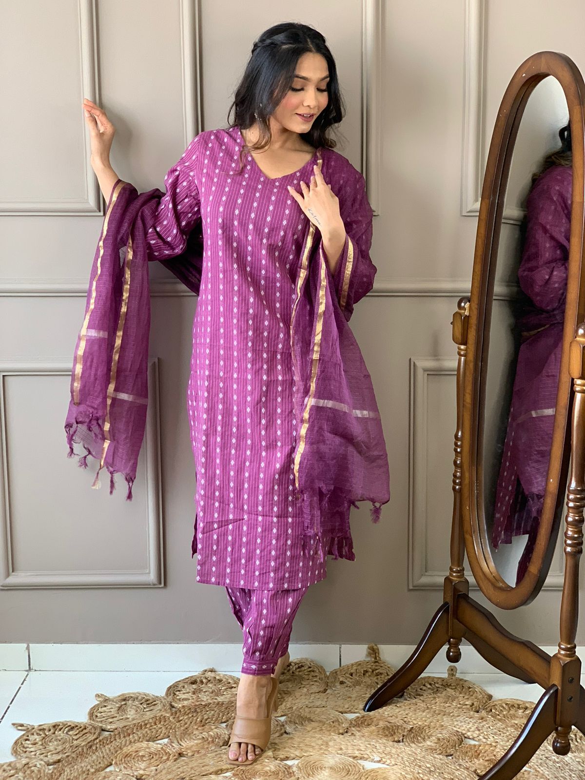 Womens Traditional Kurti Pant with Dupata Set, Bollywood Style 3pc Salwar Kameez