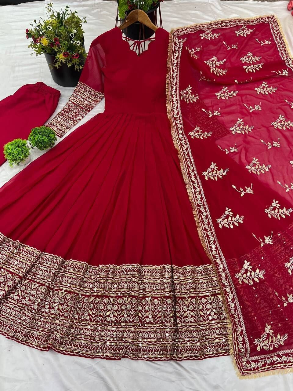 Red Anarkali Gown Set, Chinon Silk Dupatta Dress, Bollywood Style Wedding Gown, Indian Wedding Gown Set, Pakistani Eid Outfit for Women, Embroidered Gown with Pants, Ready to Wear Ethnic Dress, Anarkali Gown with Sequence Work, 3 Piece Wedding Dress Set, Heavy Micro Cotton Inner Gown, Scoop Neck Anarkali Suit, Stylish Party Wear Gown Set, Traditional Indian Outfit for Women, Festive Wear Ethnic Gown, Full Stitched Gown Set,