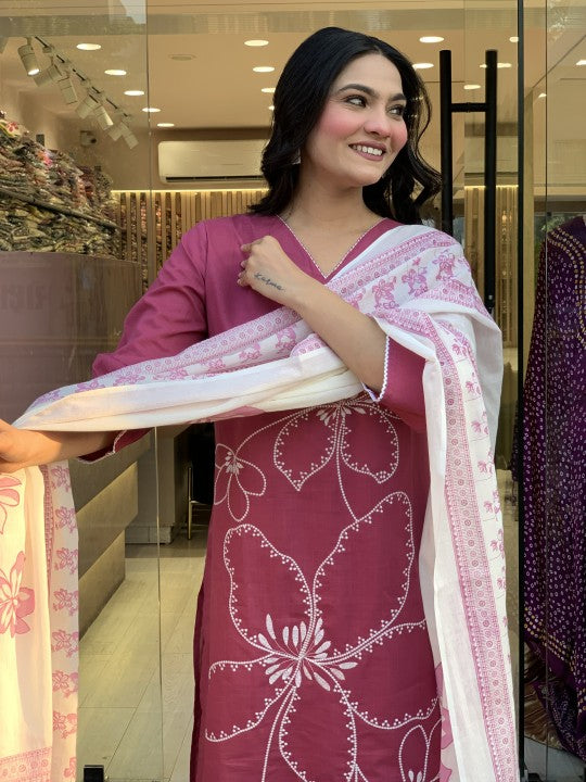 ,pink embroidered suit,cotton kurti pant set,heavy embroidery kurti,lace work salwar kameez,pink ethnic outfit,women kurti with dupatta,three piece suit set,elegant festive wear,stylish pakistani suit,traditional indian dress,v-neck kurti design,floral embroidery kurti,fancy cotton suit,party wear salwar kameez,ethnic wear for women,kurti with matching pant,soft cotton suit set,ready to wear ethnic set,wedding guest outfit,pink color kurti set,premium embroidered kurti,kurti pant dupatta combo,designer kurt