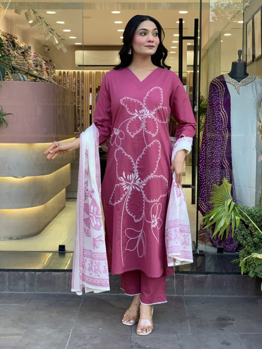 ,pink embroidered suit,cotton kurti pant set,heavy embroidery kurti,lace work salwar kameez,pink ethnic outfit,women kurti with dupatta,three piece suit set,elegant festive wear,stylish pakistani suit,traditional indian dress,v-neck kurti design,floral embroidery kurti,fancy cotton suit,party wear salwar kameez,ethnic wear for women,kurti with matching pant,soft cotton suit set,ready to wear ethnic set,wedding guest outfit,pink color kurti set,premium embroidered kurti,kurti pant dupatta combo,designer kurt