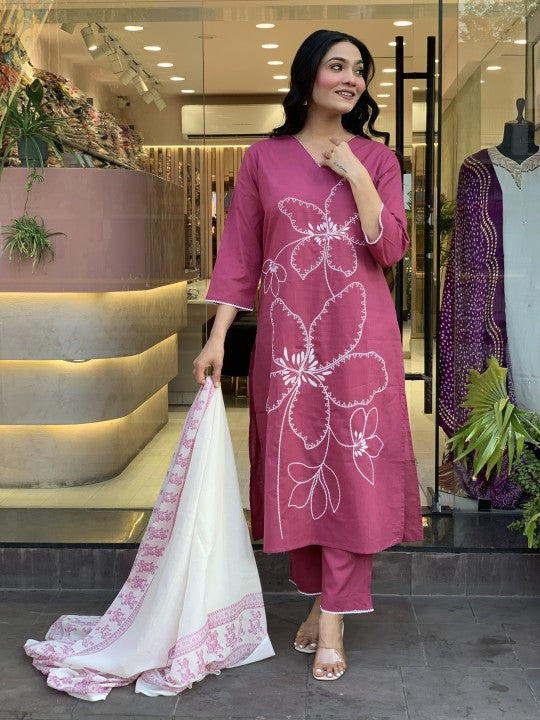 ,pink embroidered suit,cotton kurti pant set,heavy embroidery kurti,lace work salwar kameez,pink ethnic outfit,women kurti with dupatta,three piece suit set,elegant festive wear,stylish pakistani suit,traditional indian dress,v-neck kurti design,floral embroidery kurti,fancy cotton suit,party wear salwar kameez,ethnic wear for women,kurti with matching pant,soft cotton suit set,ready to wear ethnic set,wedding guest outfit,pink color kurti set,premium embroidered kurti,kurti pant dupatta combo,designer kurt