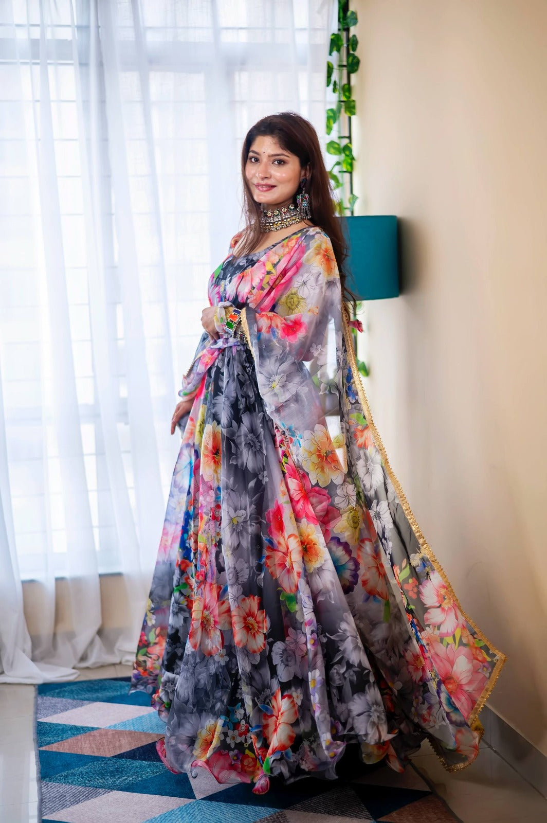 Organza Silk Printed Anarkali Gown Set
