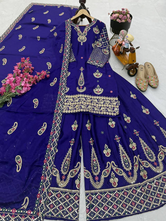 Premium Chinon Silk Embroidered Sharara suit