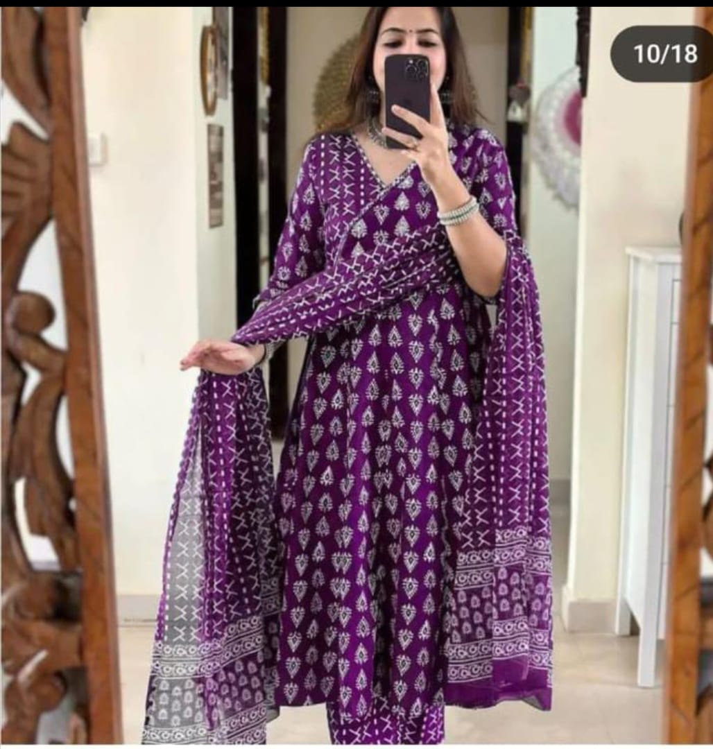 purple anarkali gown,purple angrakha kurti,cotton anarkali kurti,sanganeri print kurti,traditional angrakha dress,anarkali kurti set,jaipuri print gown,purple ethnic gown,block print anarkali,adda work kurti,flared cotton gown,kurti with dupatta set,ethnic wear for women,purple festive dress,boho indian kurti,long flare kurti set,desi angrakha kurti,anarkali with side tie up,women cotton suit set,printed gown style kurti,3 piece anarkali set,purple kurti pant set,sleeve 3/4 kurti,purple traditional wear,cas