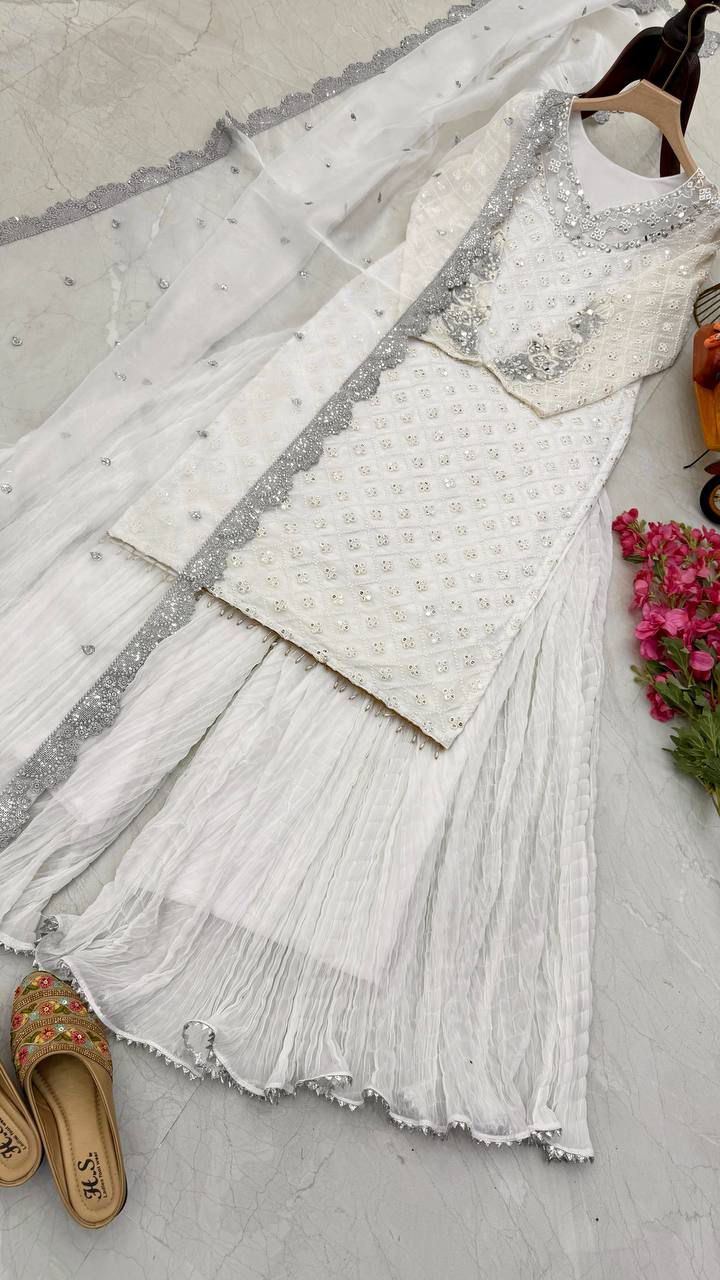 Real Mirror Work Long kurt Palazzo wit Dupatta Set