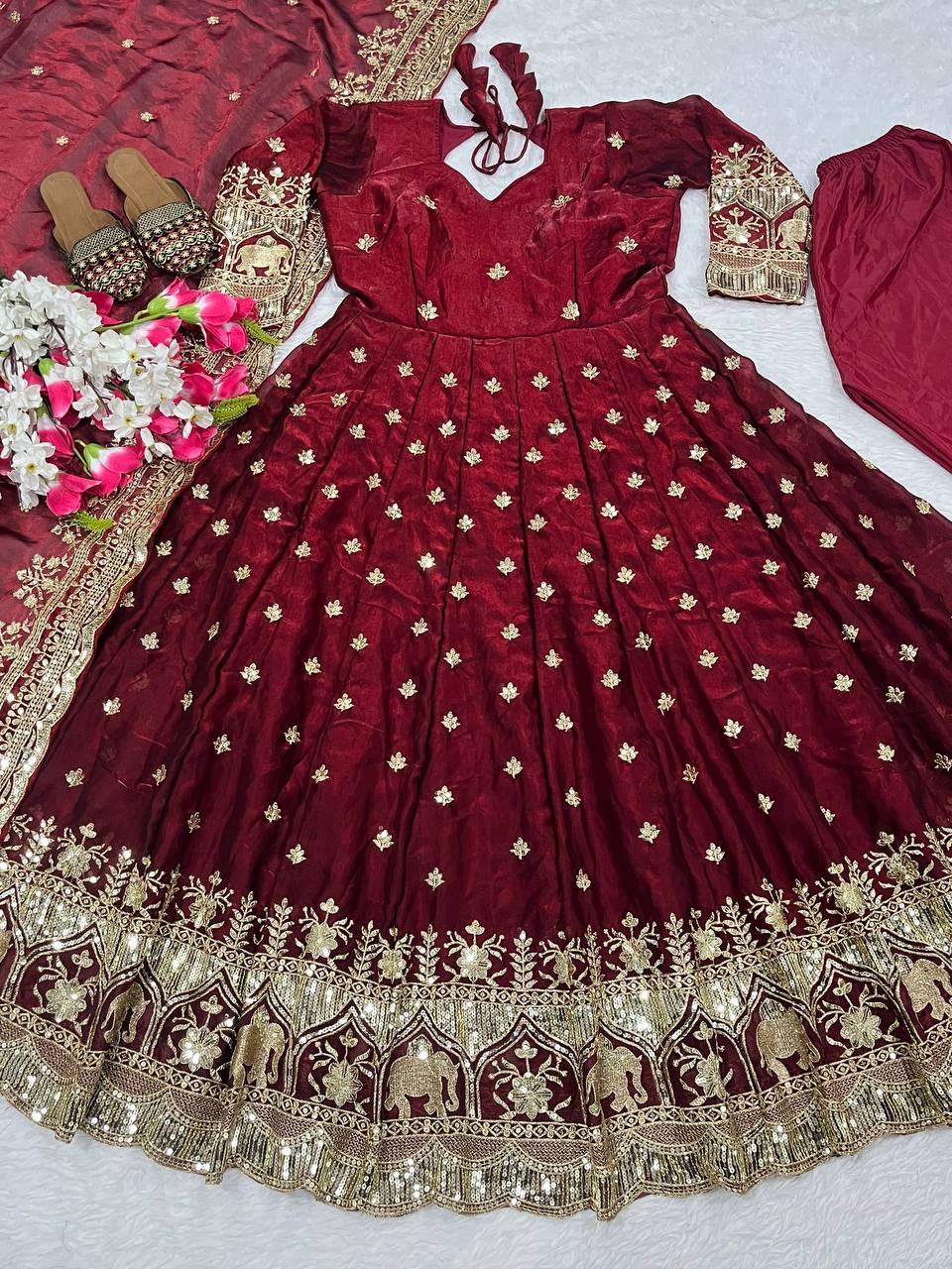 Designer long Length Red Anarkali Gown Set