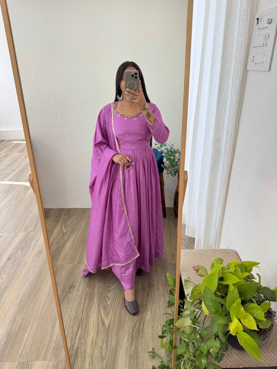 Designer Solid Cotton Long Anarkali Suit