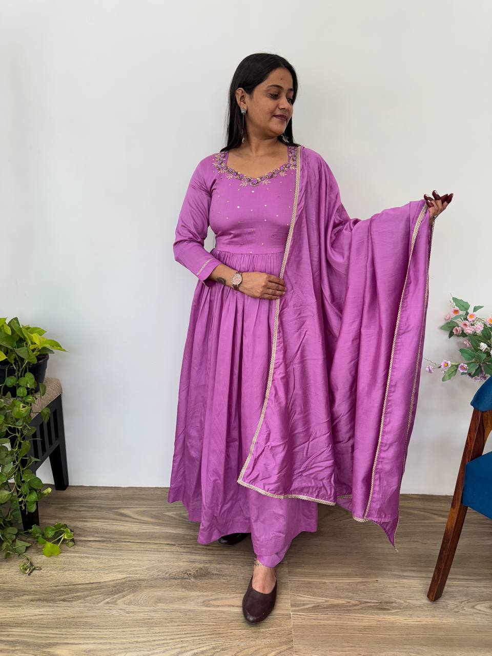 Designer Solid Cotton Long Anarkali Suit