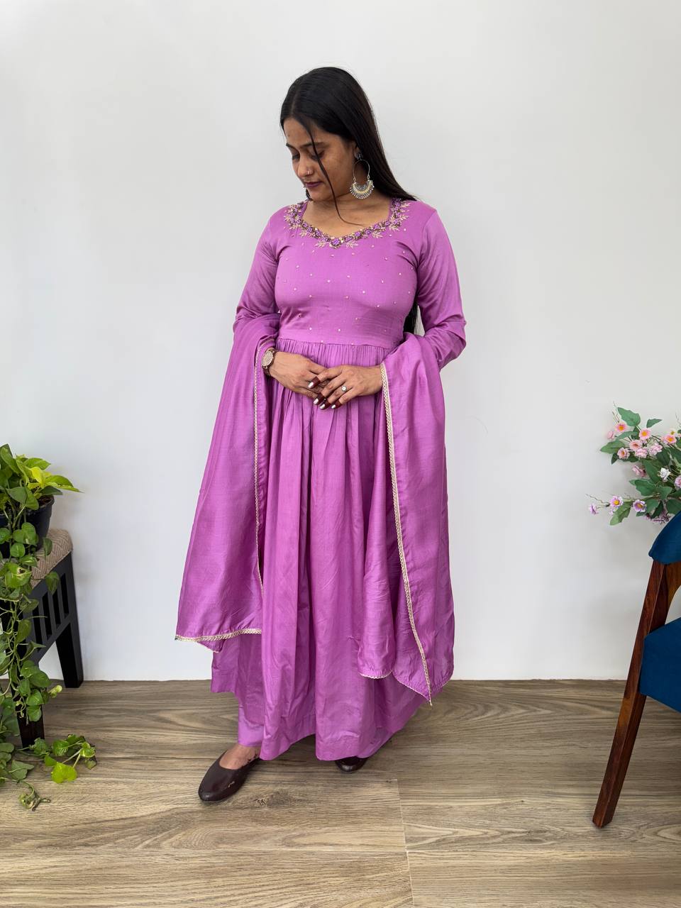 Designer Solid Cotton Long Anarkali Suit