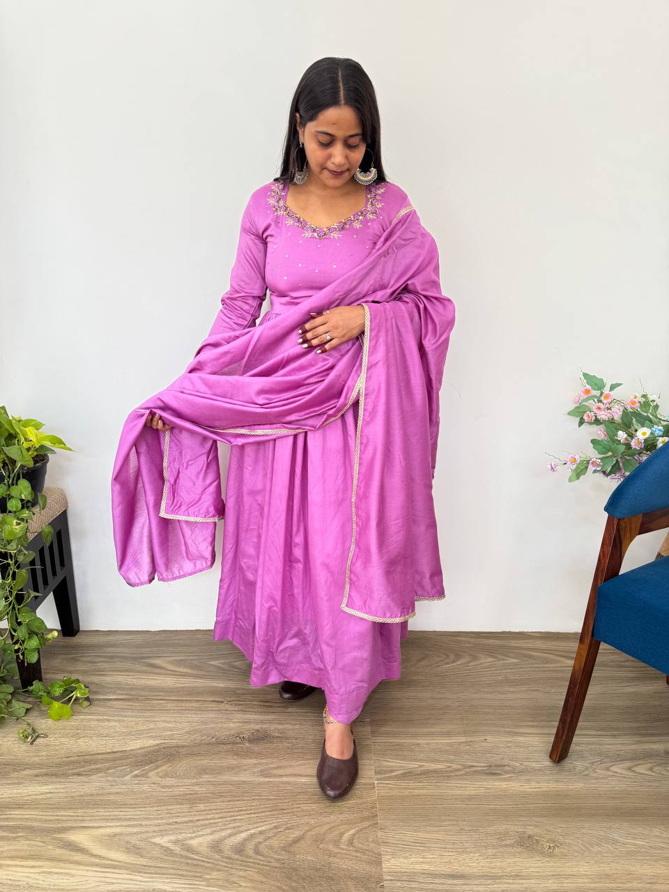 Designer Solid Cotton Long Anarkali Suit