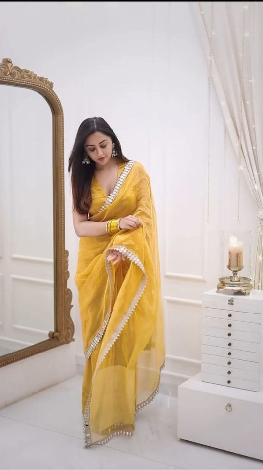 Ready to Wear Gold Crush Saree with Mirror Border Work