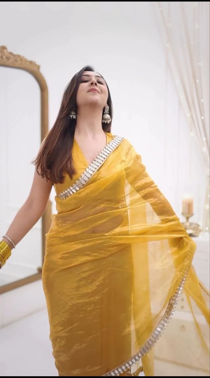 Ready to Wear Gold Crush Saree with Mirror Border Work