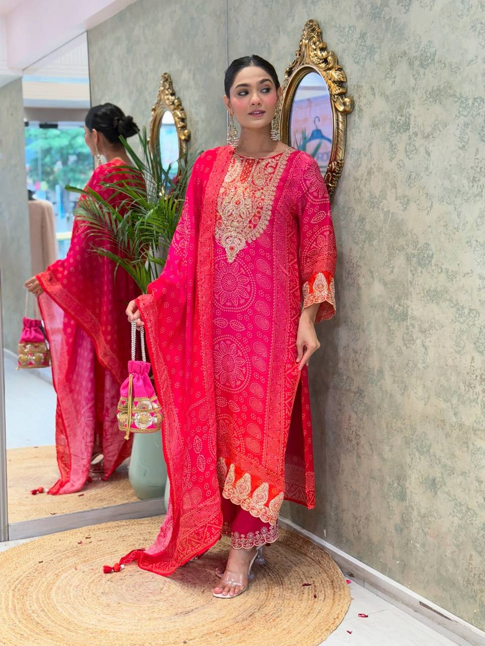 Straight Designer Red Salwar Kameez Set