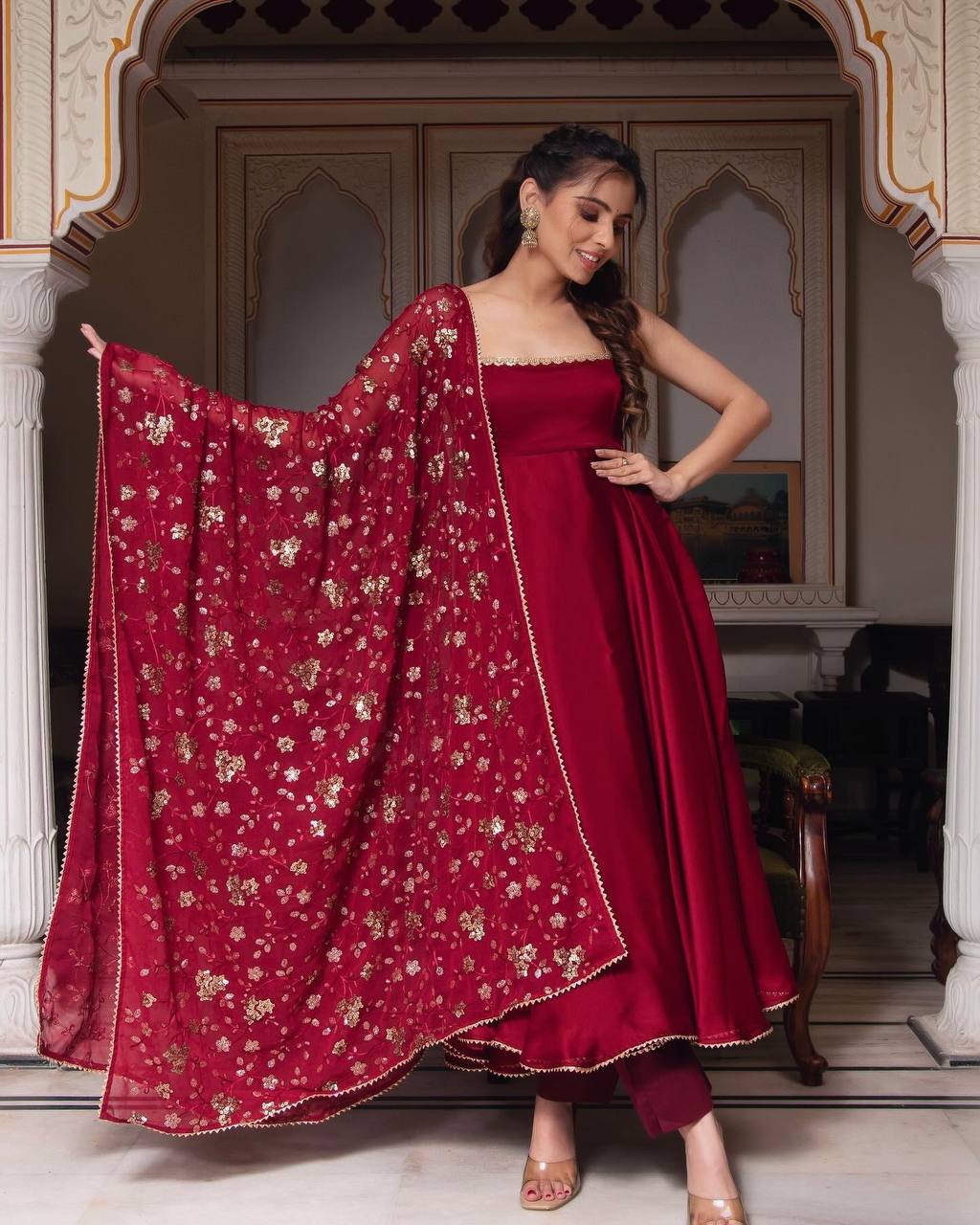 Solid Georgette Red Anarkali Gown Set