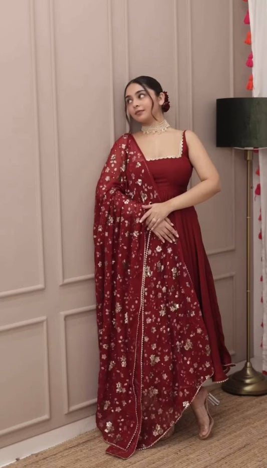 Solid Georgette Red Anarkali Gown Set