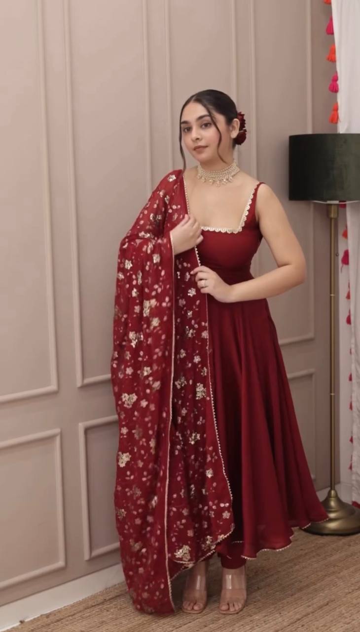 Solid Georgette Red Anarkali Gown Set