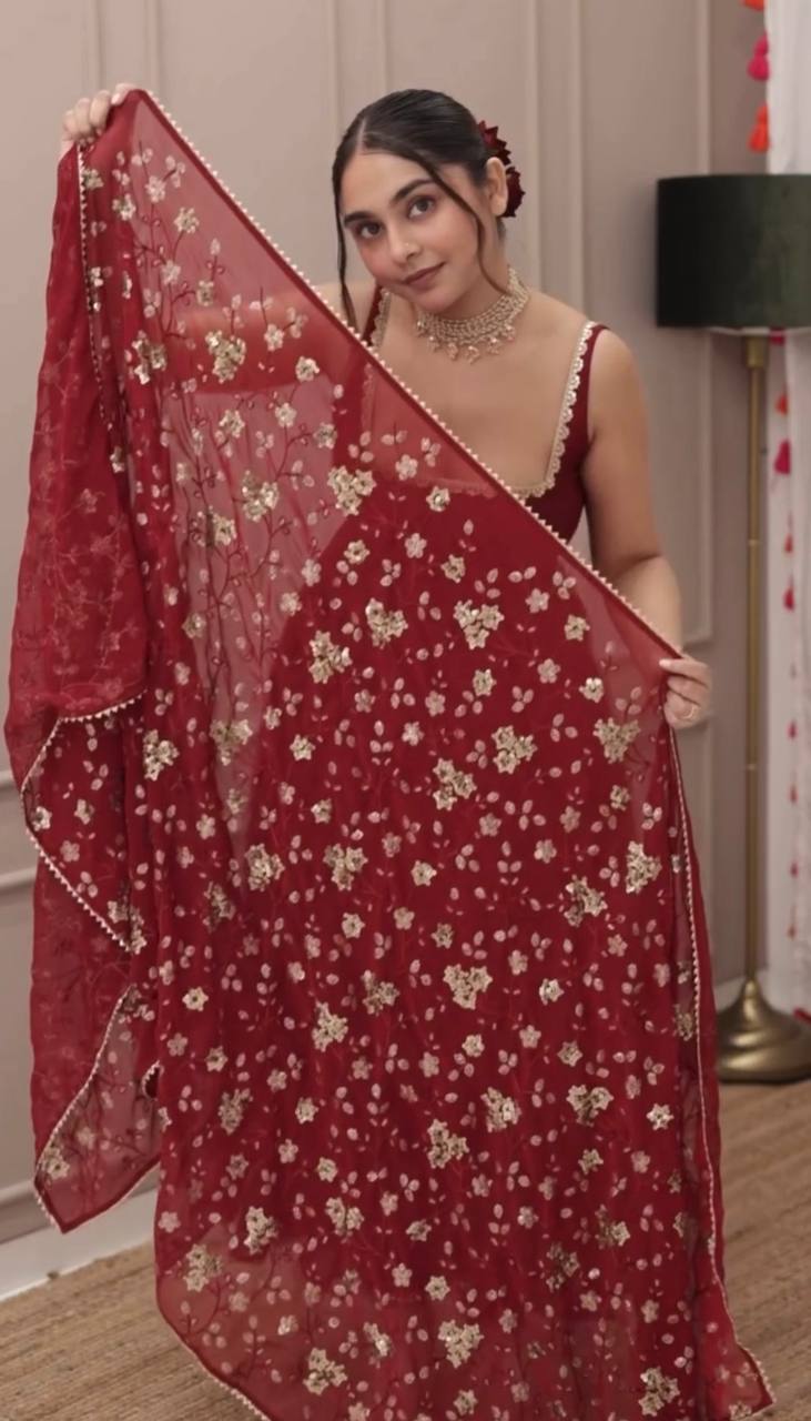 Solid Georgette Red Anarkali Gown Set