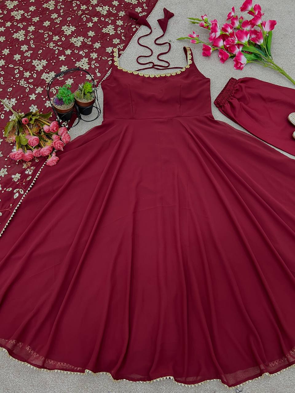 Solid Georgette Red Anarkali Gown Set