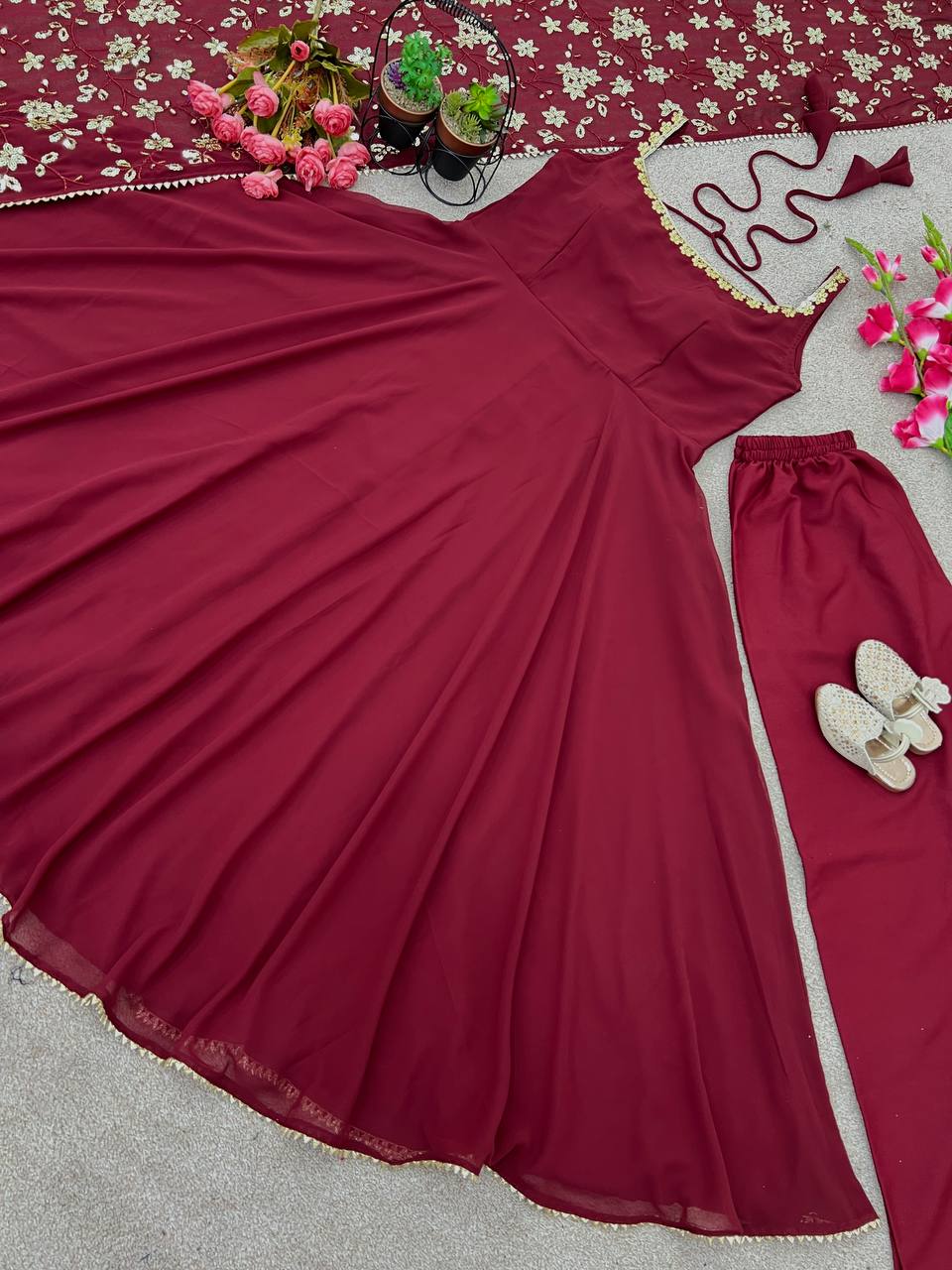 Solid Georgette Red Anarkali Gown Set