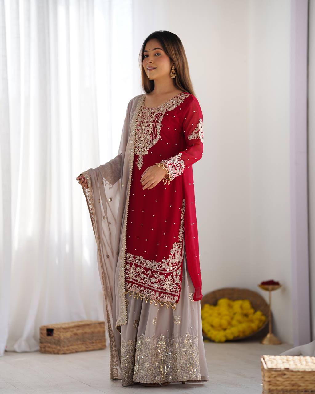 Red Sharara for wedding,
Designer Red Sharara set,
Red Sharara with dupatta,
Bridal Red Sharara dress,
Party wear Red Sharara,
Heavy embroidery Red Sharara,
Red Sharara suit for bride,
Traditional Red Sharara outfit,
Festive Red Sharara collection,
Red Sharara with mirror work,
Red Sharara with gota patti,
Red Sharara Pakistani style,
Red Sharara for haldi and mehndi,
Red Sharara with zari work,
Red Sharara online shopping,