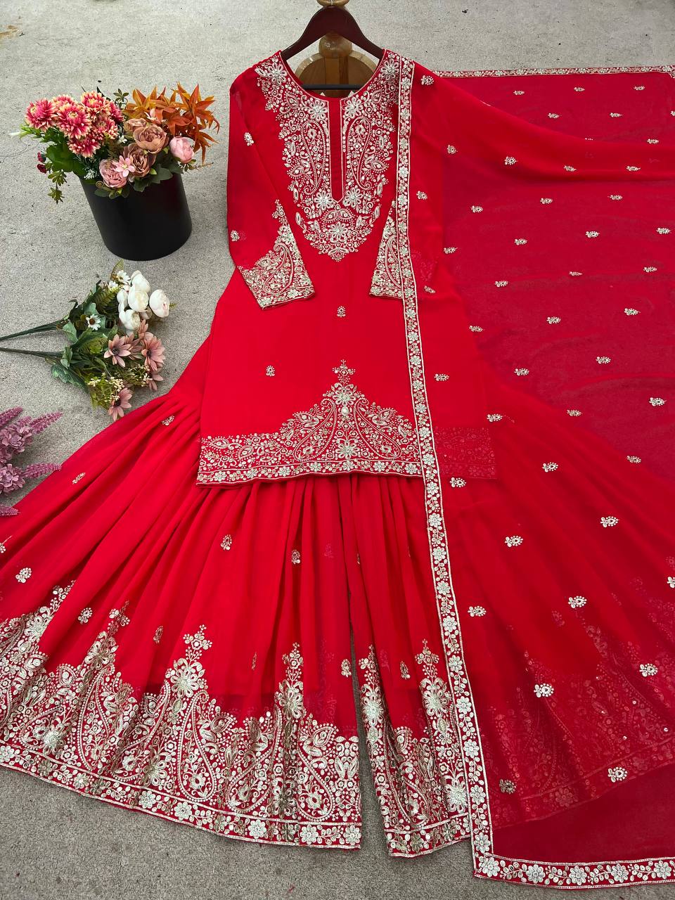 Heavy Embroidered Red Sharara Suit