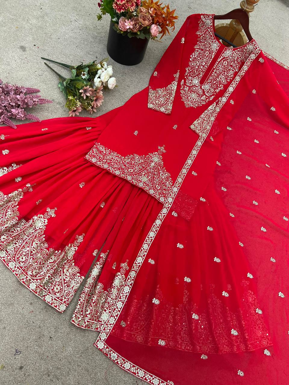 Heavy Embroidered Red Sharara Suit