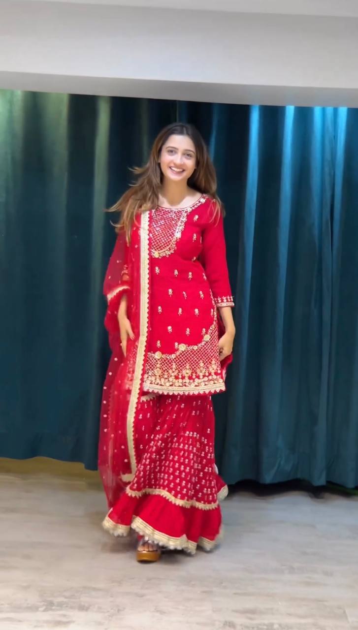 Festive Wear Georgette Red Sharara Suit