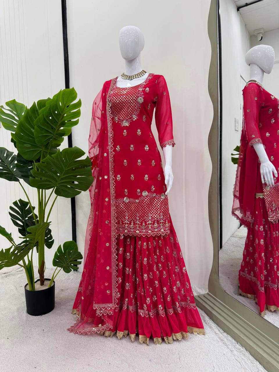 Festive Wear Georgette Red Sharara Suit