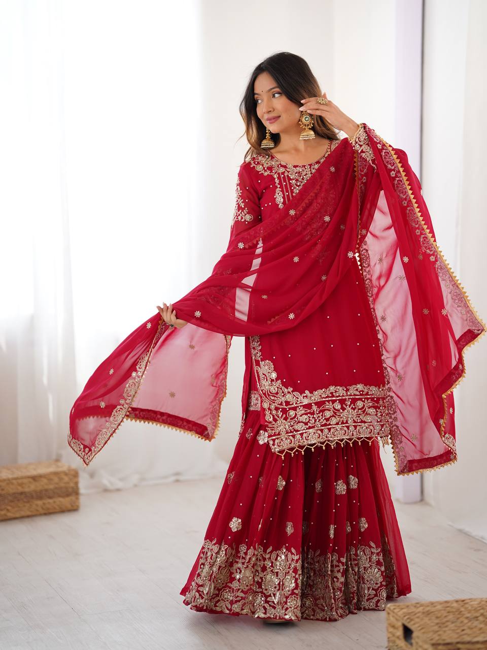 Stylish Sequence Work Red Sharara Suit