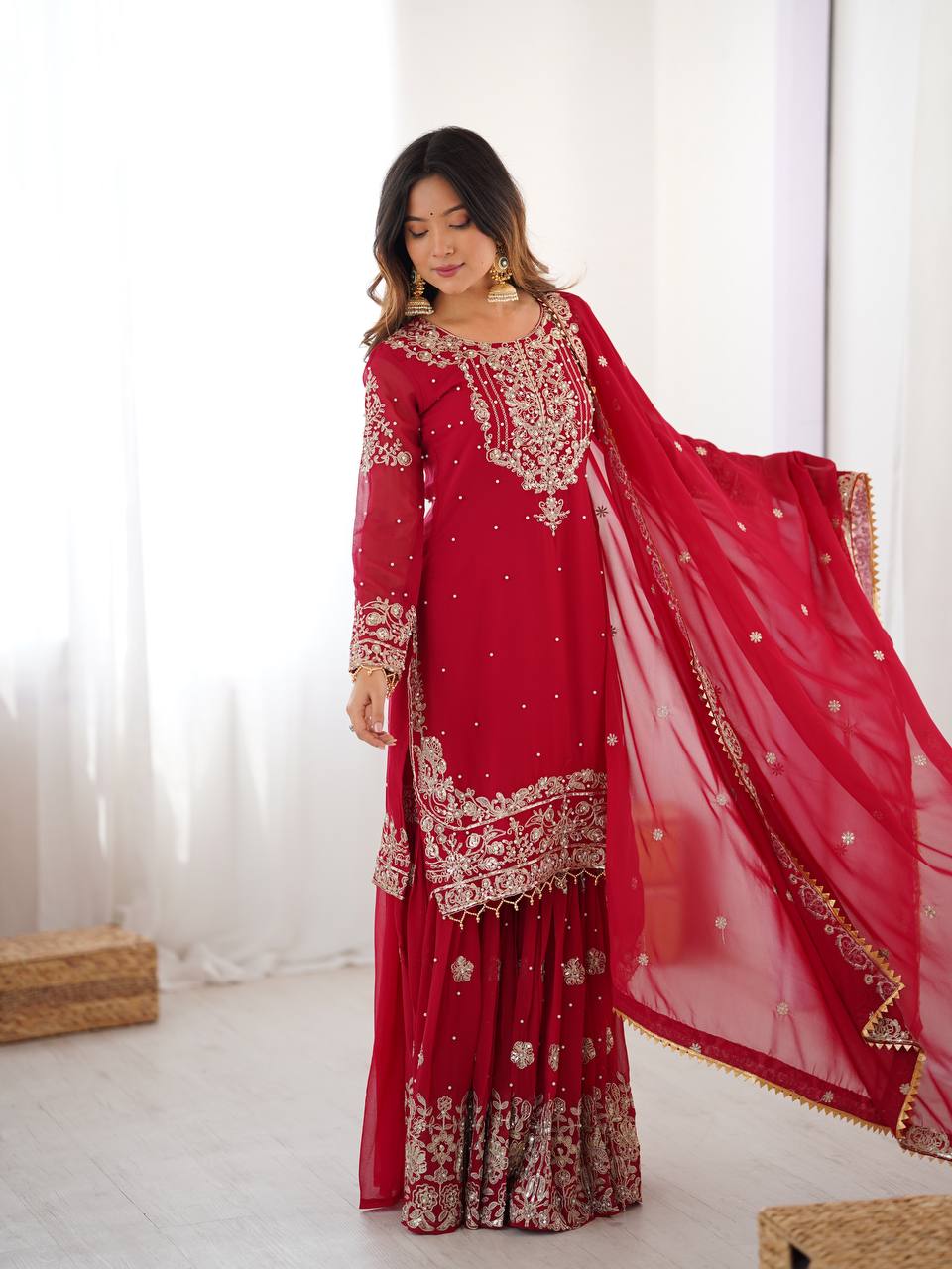 Stylish Sequence Work Red Sharara Suit