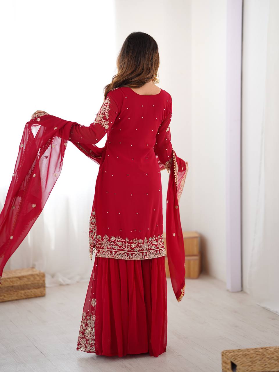 Stylish Sequence Work Red Sharara Suit