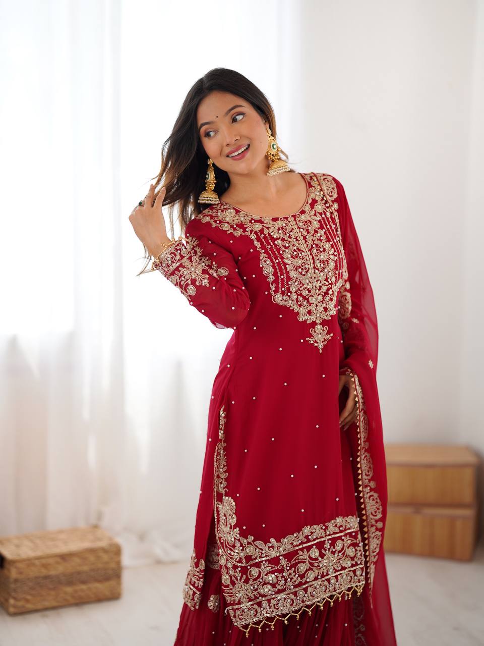 Stylish Sequence Work Red Sharara Suit