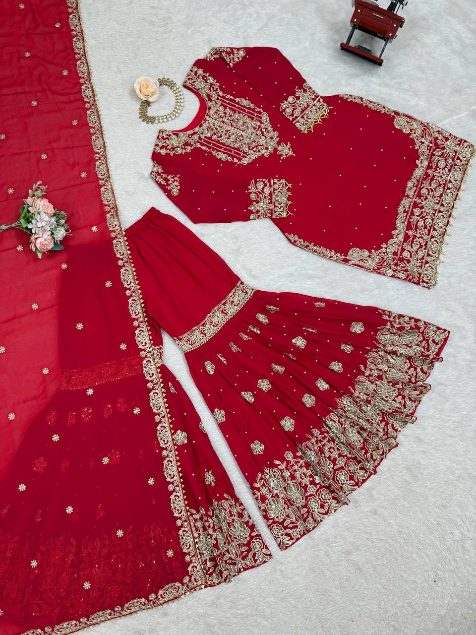 Stylish Sequence Work Red Sharara Suit