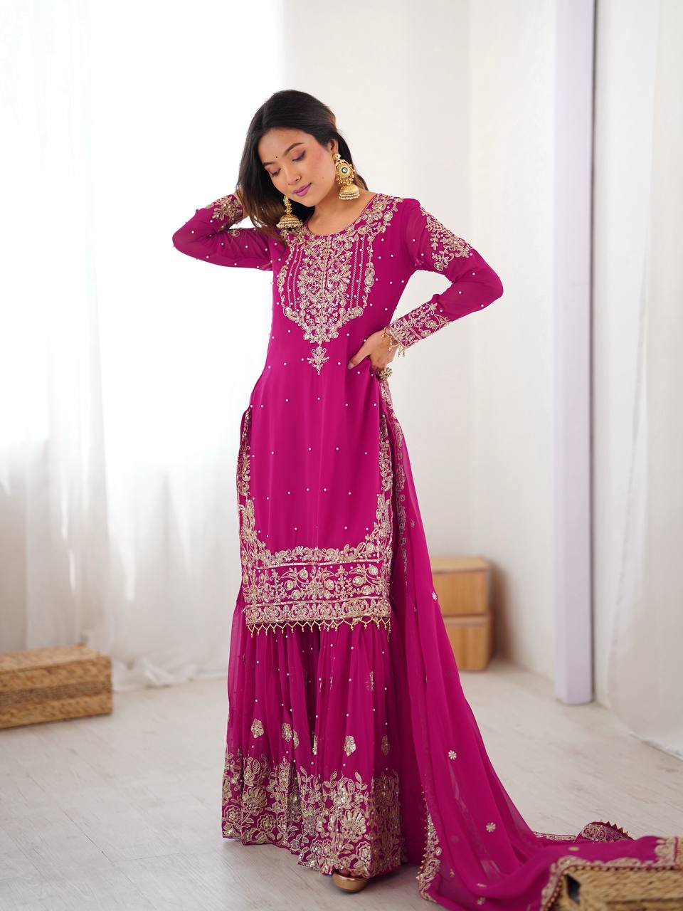 Stylish Sequence Work Red Sharara Suit