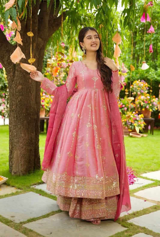 Premium Crunchy Silk Long Flared Anarkali Suit