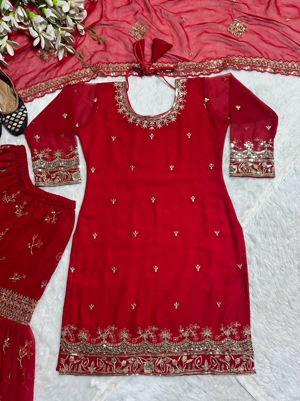 Elegant Embroidery Sequence Red Sharara
