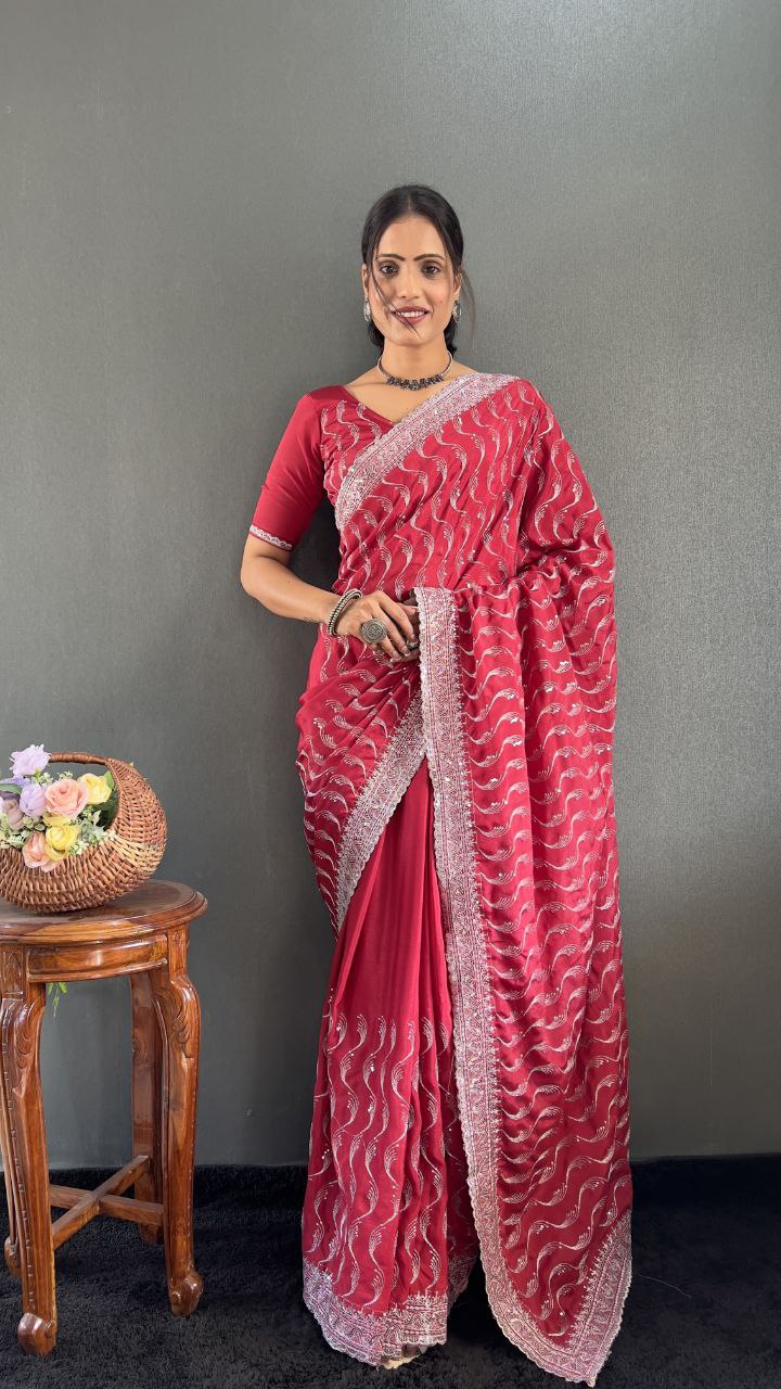 Indian Chinnon Silk Saree with Embroidery Designer Look