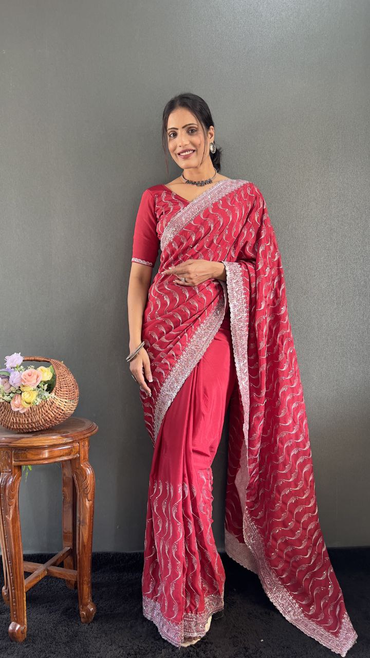 Indian Chinnon Silk Saree with Embroidery Designer Look