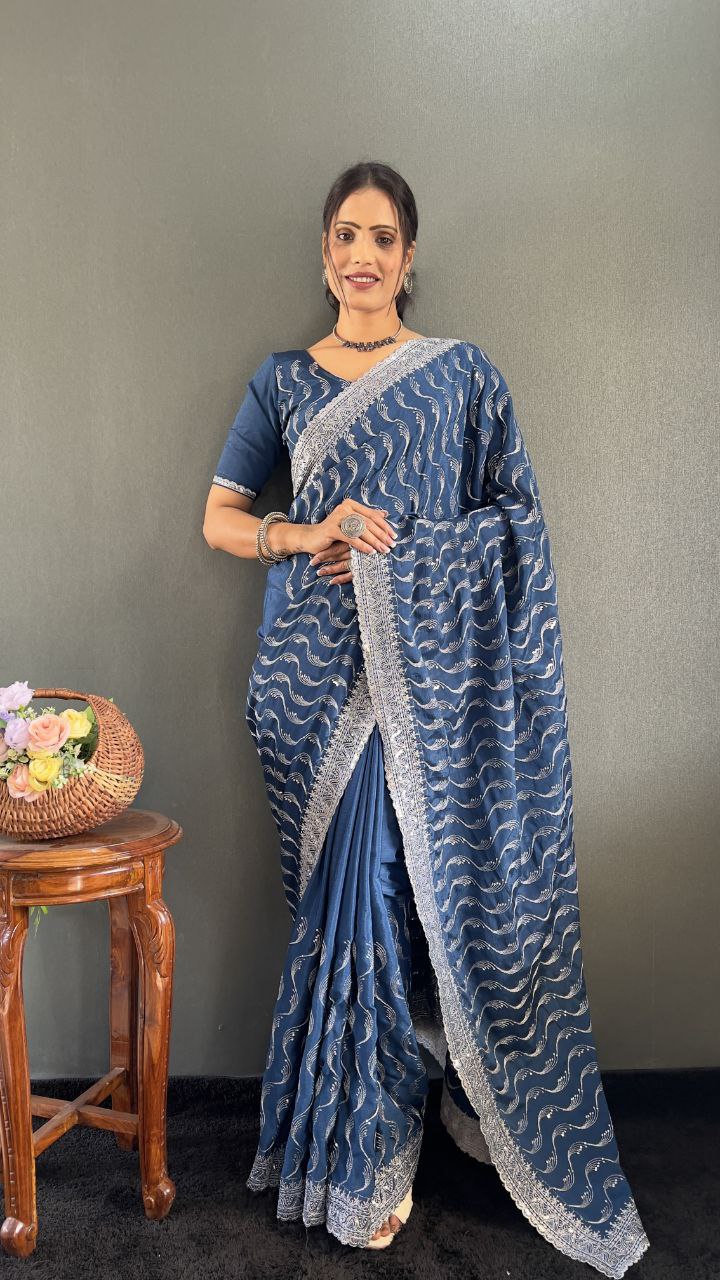 Premium Chinnon Silk Saree with Embroidery Designer Look