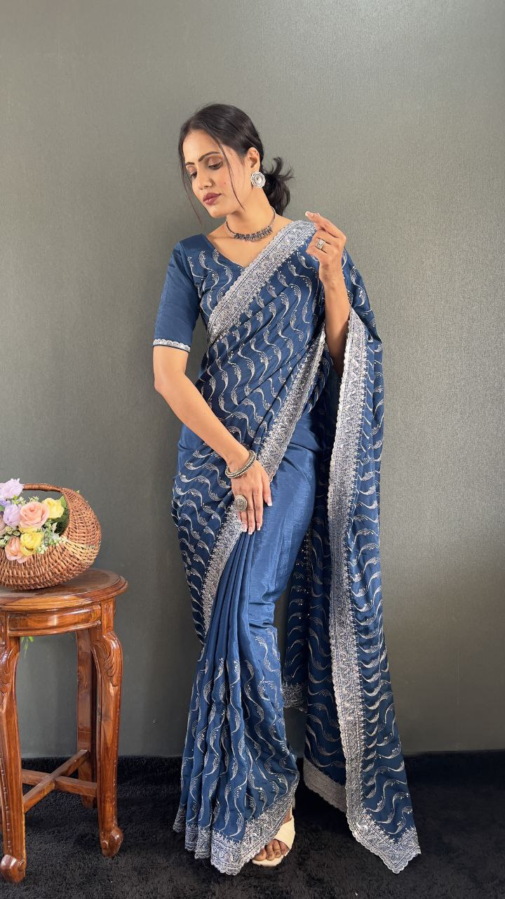 Premium Chinnon Silk Saree with Embroidery Designer Look