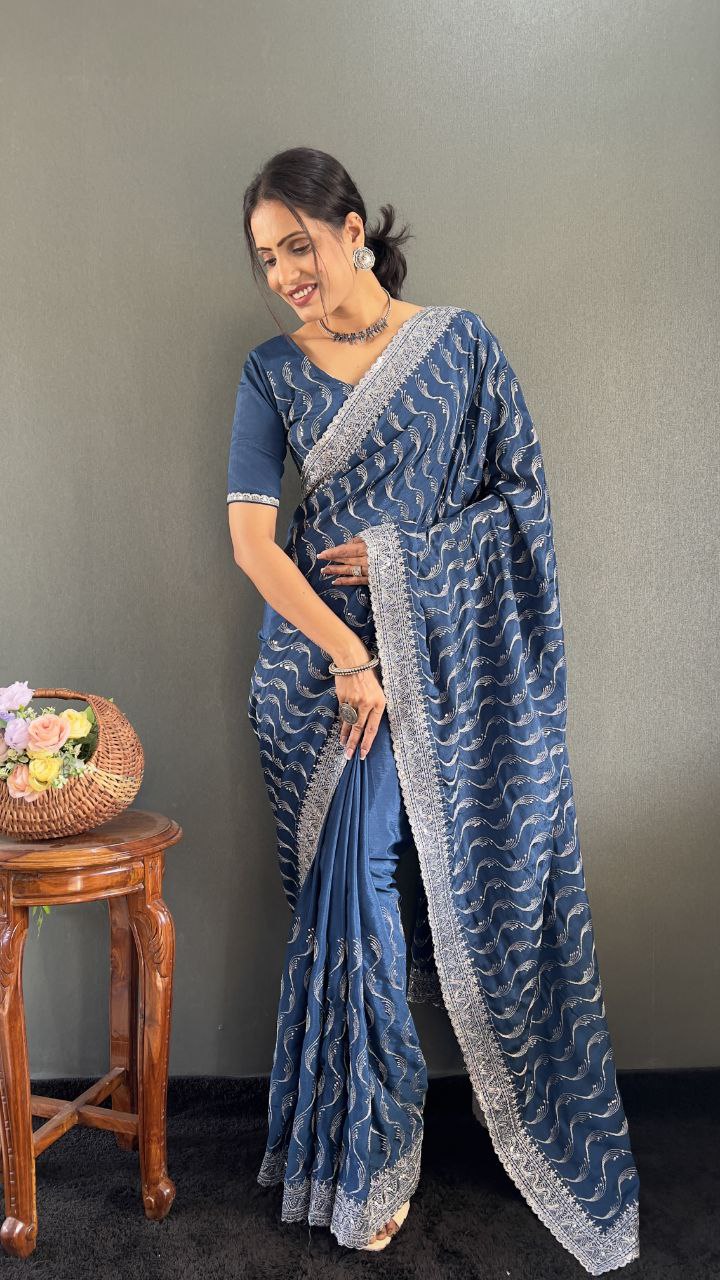 Premium Chinnon Silk Saree with Embroidery Designer Look
