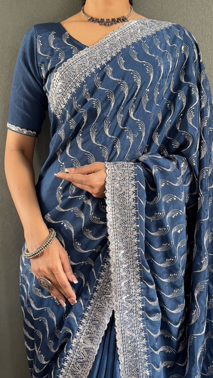 Premium Chinnon Silk Saree with Embroidery Designer Look