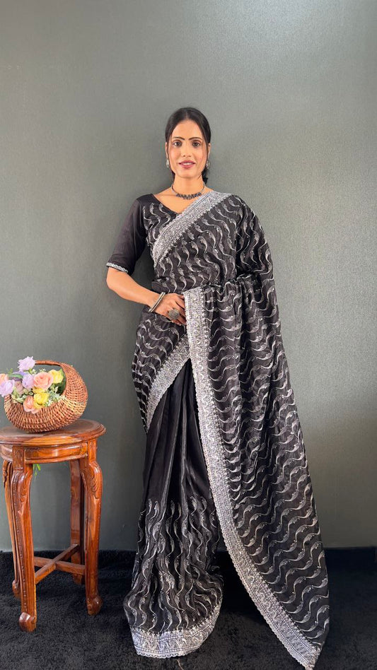Premium Chinnon Silk Saree with Embroidery Designer Look