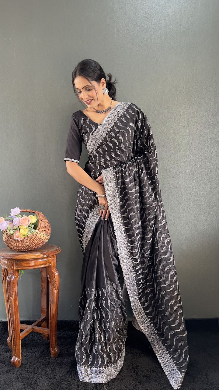 Premium Chinnon Silk Saree with Embroidery Designer Look