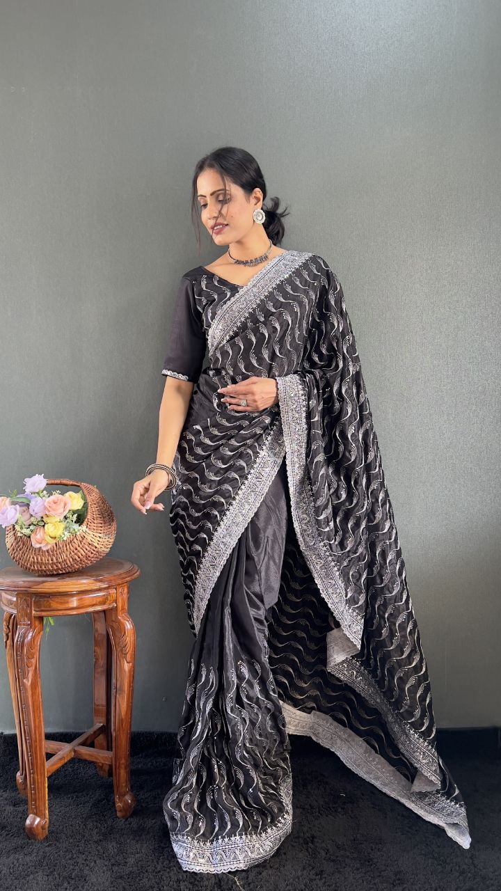 Premium Chinnon Silk Saree with Embroidery Designer Look