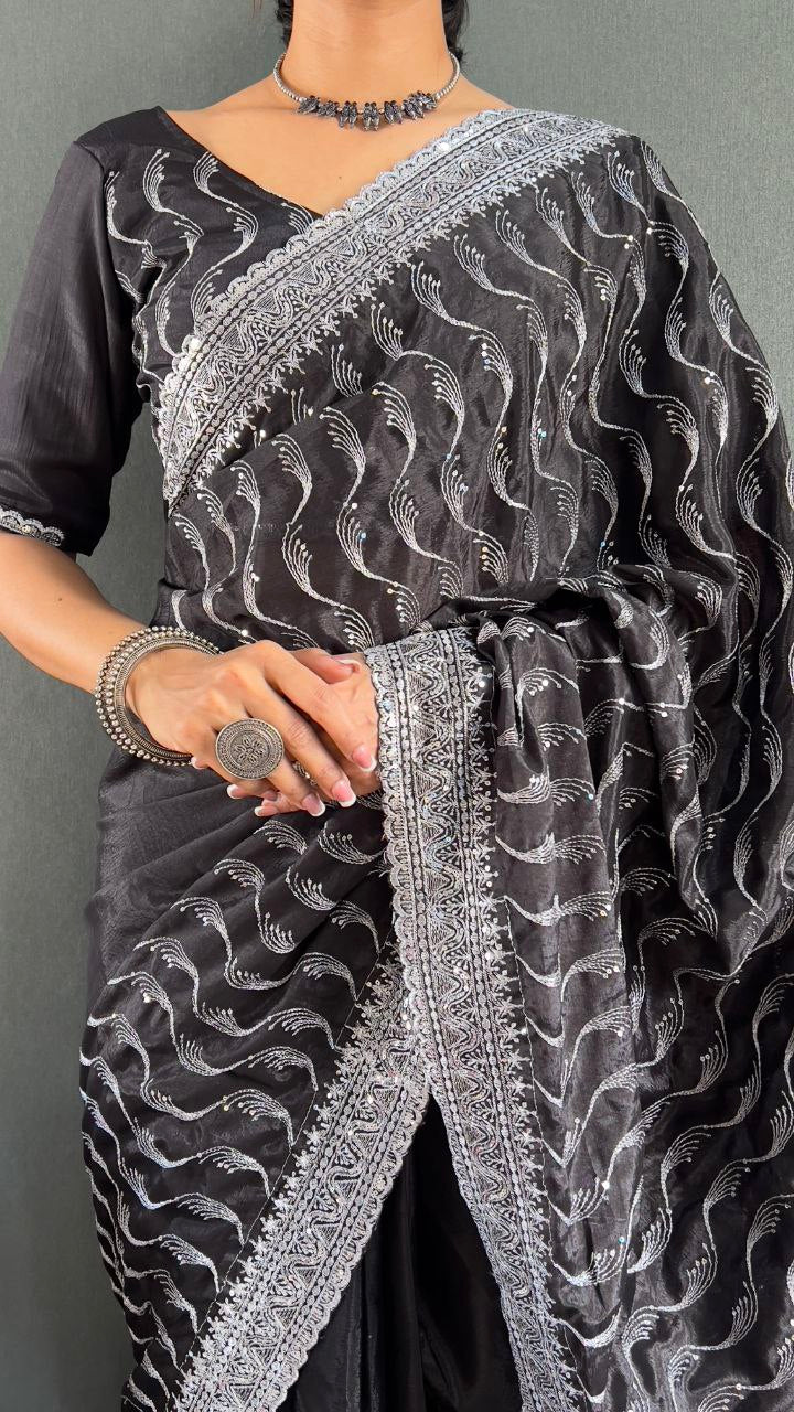 Premium Chinnon Silk Saree with Embroidery Designer Look