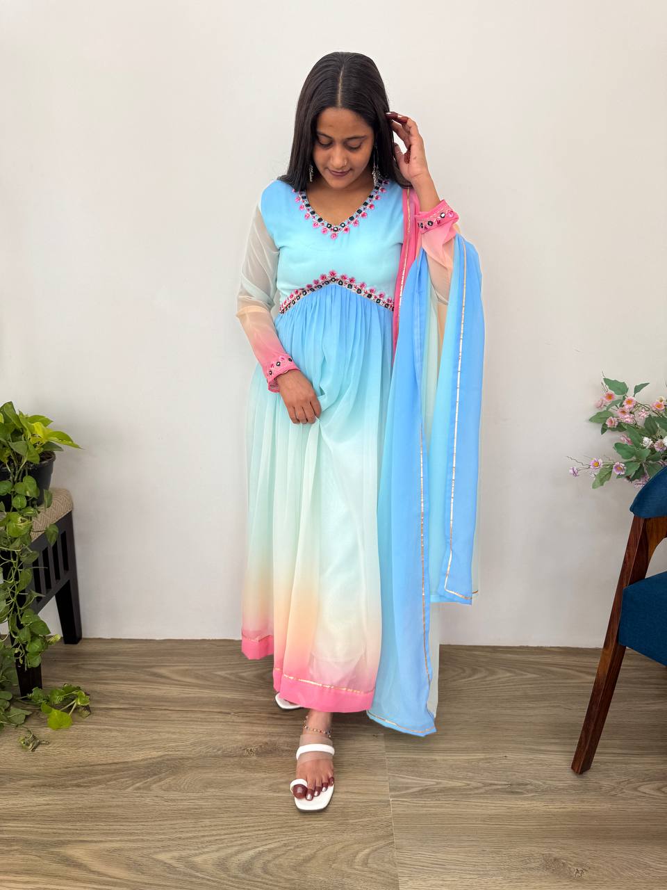 Multi Color Long Anarkali Flared Gown Set