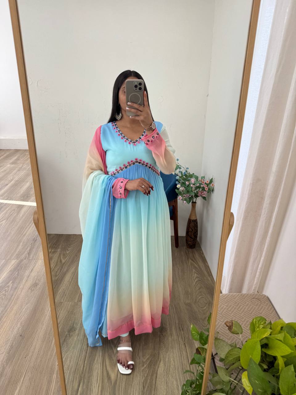 Multi Color Long Anarkali Flared Gown Set